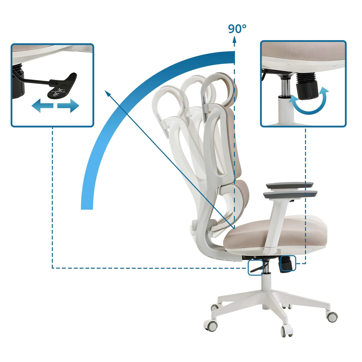 Adjustment mechanisms and 90 degree backrest tilt of the Professional Office Chair ERGOMY W by MyBuero