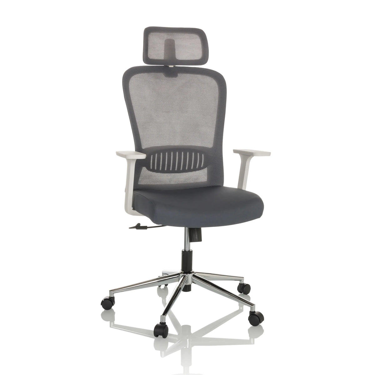 Grey Home Office Chair BELAIA W with mesh back, headrest and five-caster base by hjh OFFICE – 360-degree view (front view 15°)