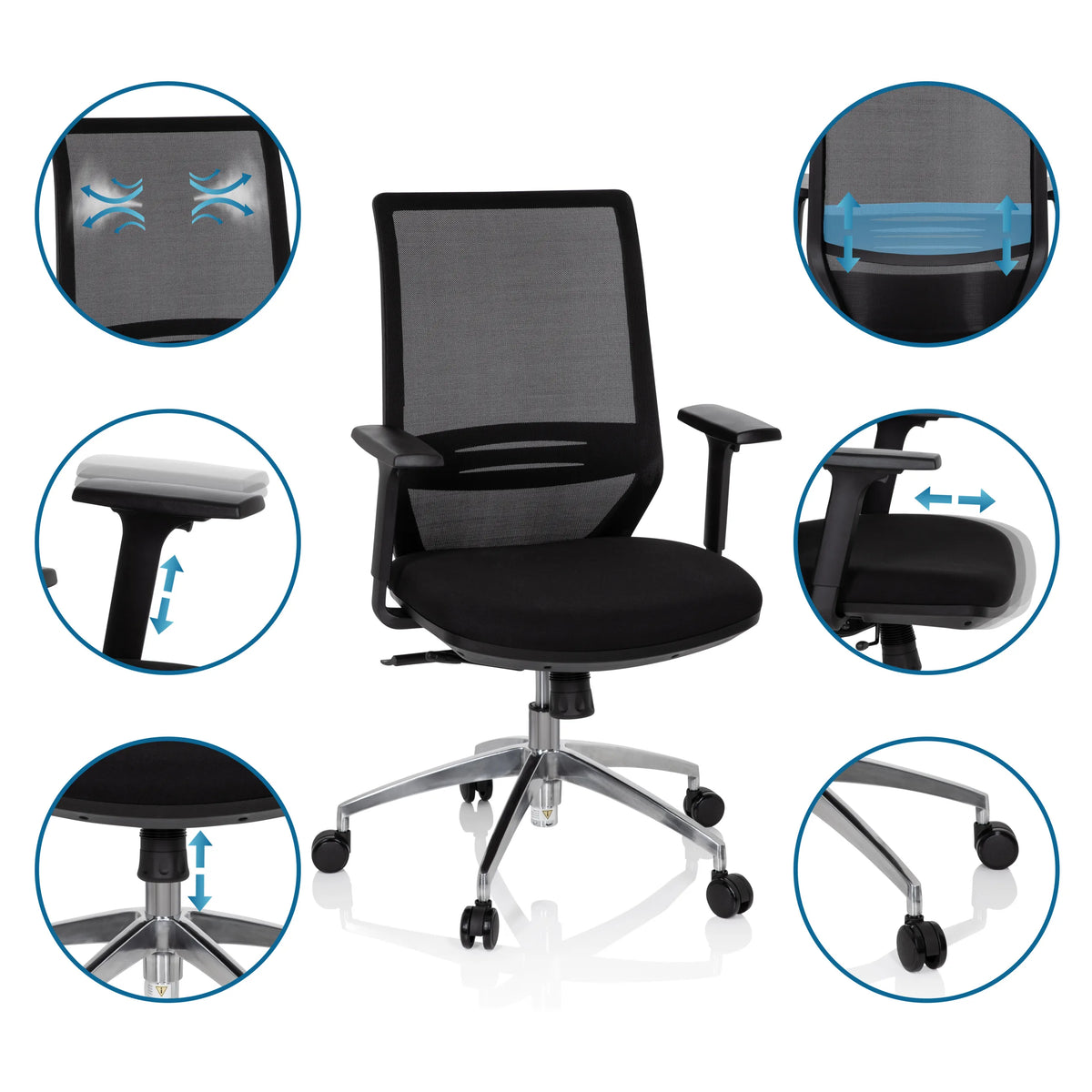Professional Office Chair PROFONDO in black with adjustable armrests and mesh backrest by hjh OFFICE