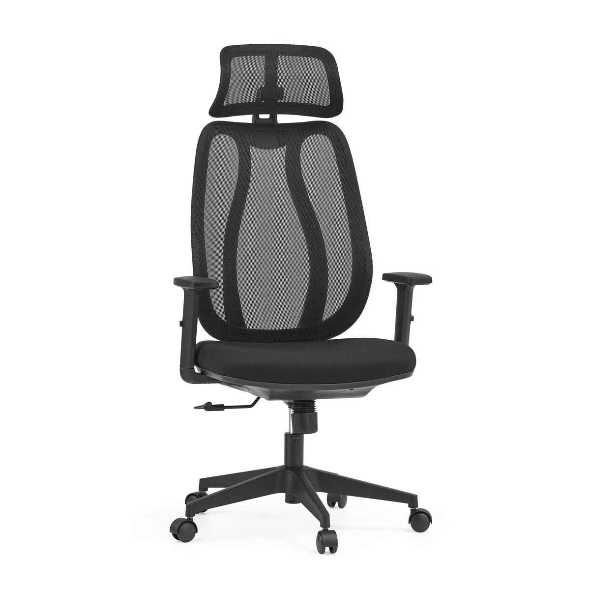 Black Professional Office Chair Filaro with mesh back, headrest and a five-caster base by hjh OFFICE – 360-degree view (front view 15°)