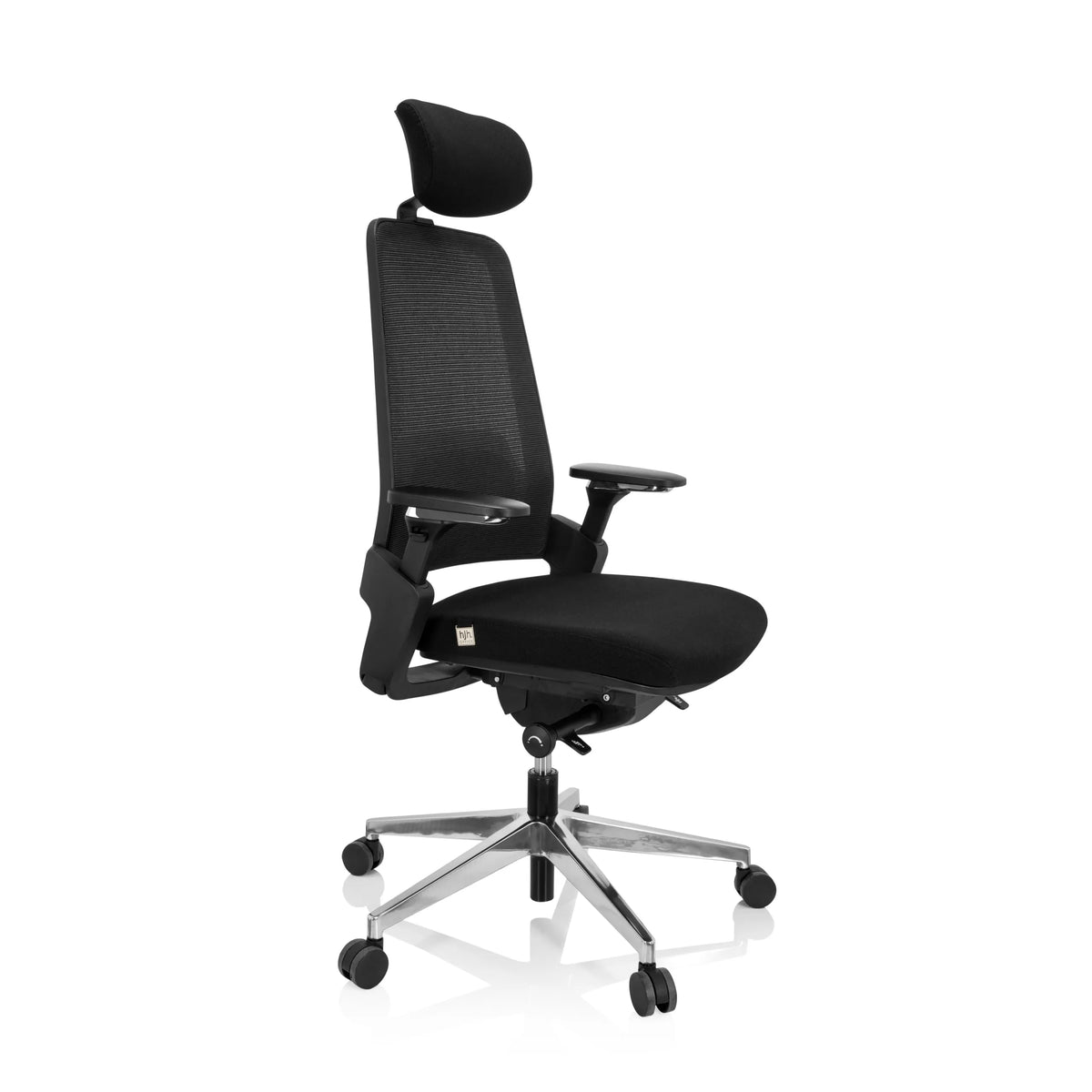 Black Professional Office Chair BRACIO with mesh back, headrest and five-caster base by hjh OFFICE – 360-degree view (front three-quarter view 60°)