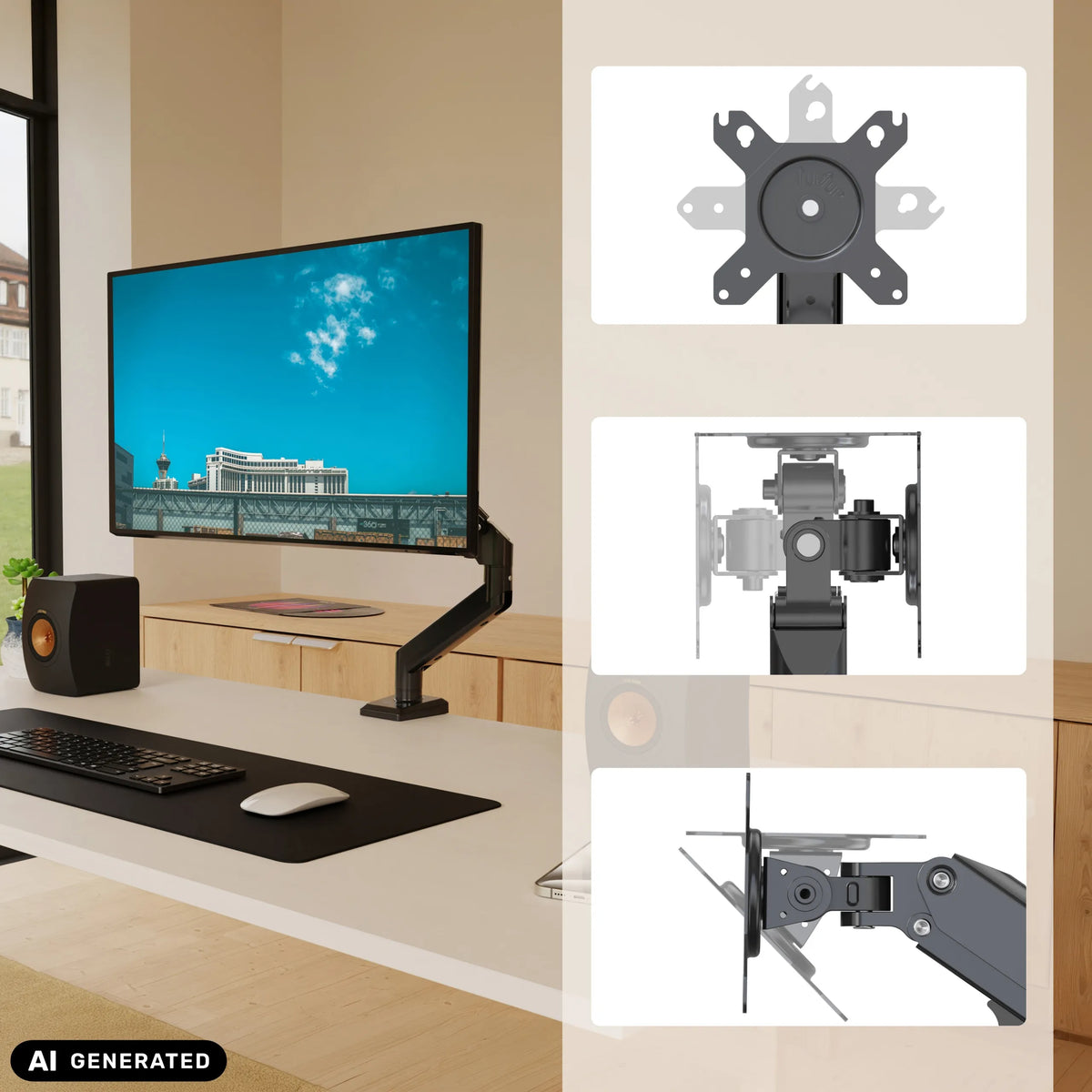 Ergomount GF1 monitor mount with VESA adapter plate and articulation mechanisms by hjh OFFICE (AI-generated image)