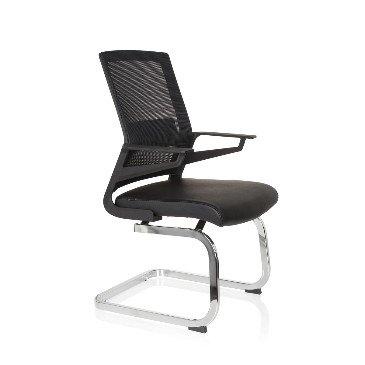 Black Cantilever chair INVENTOR V PRO with mesh back, armrests and sled base by hjh OFFICE – 360-degree view (front three-quarter view 60°)