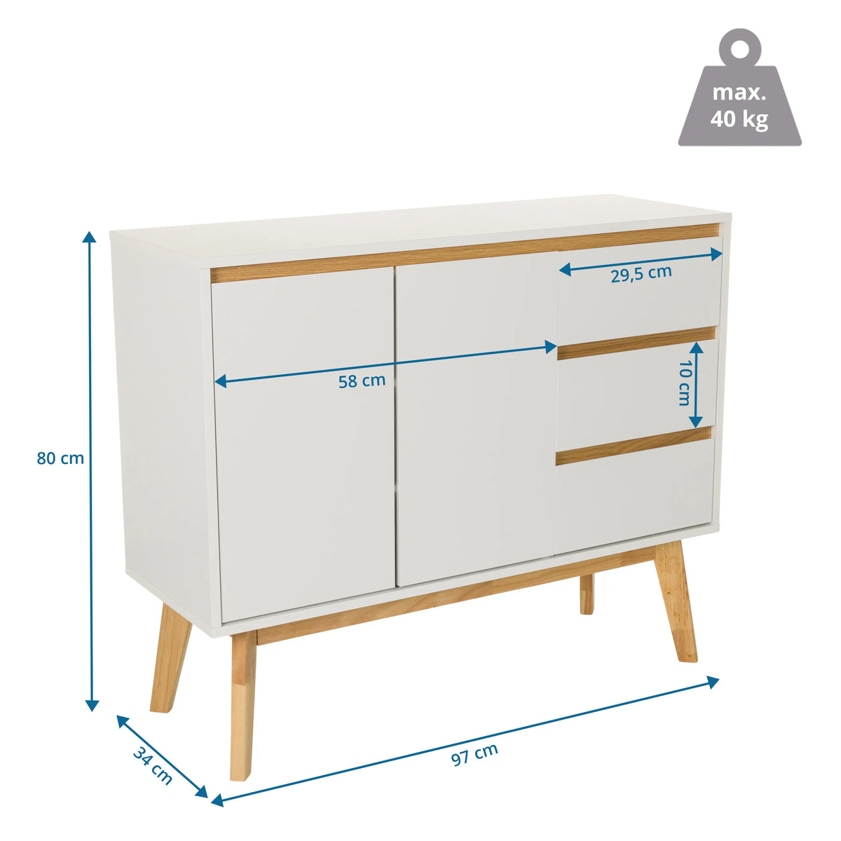 Dimensional drawing of the Sideboard TAROLO I with a width of 97 cm and a height of 80 cm by hjh LIVING