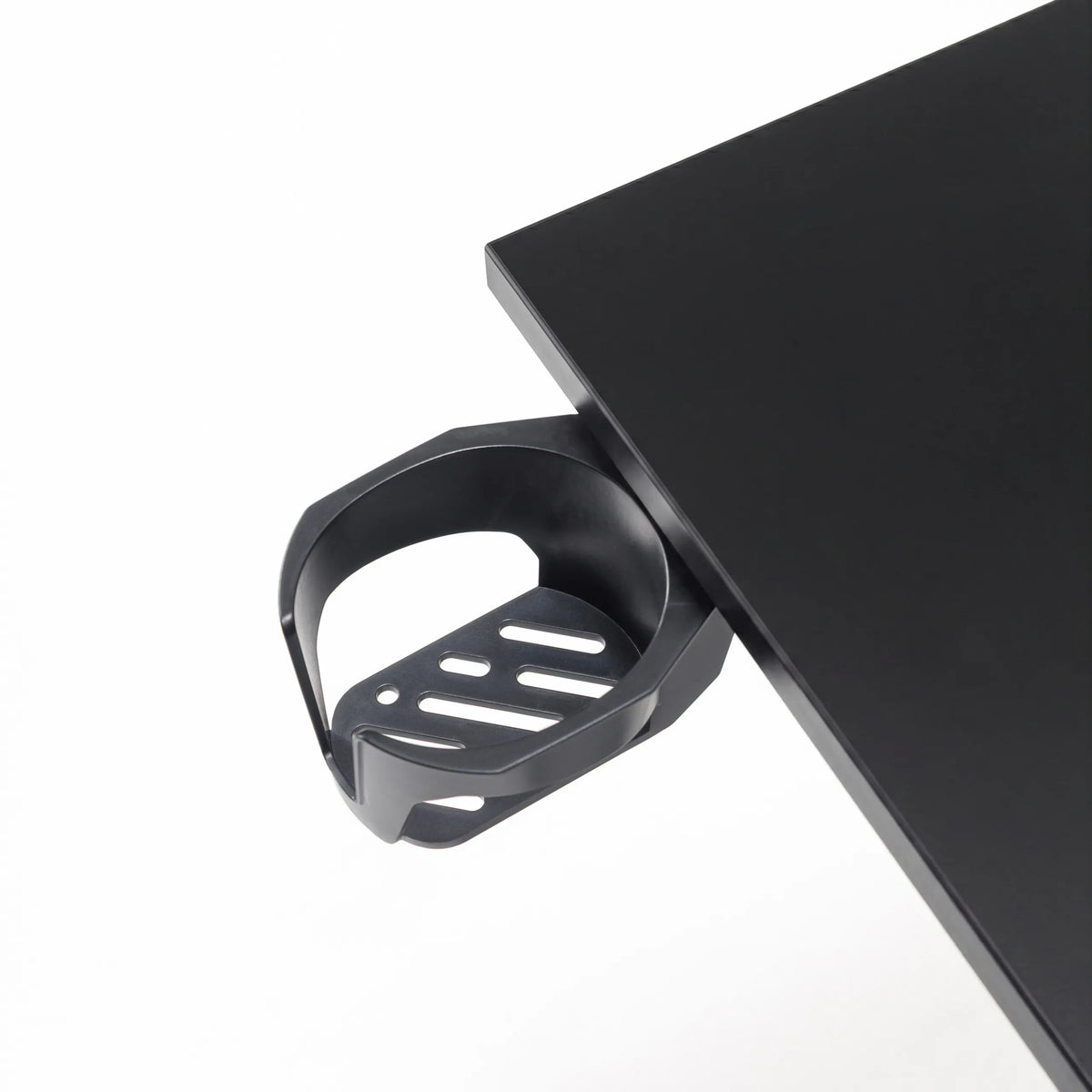 Black cup holder on the edge of the Stand K standing desk by hjh OFFICE