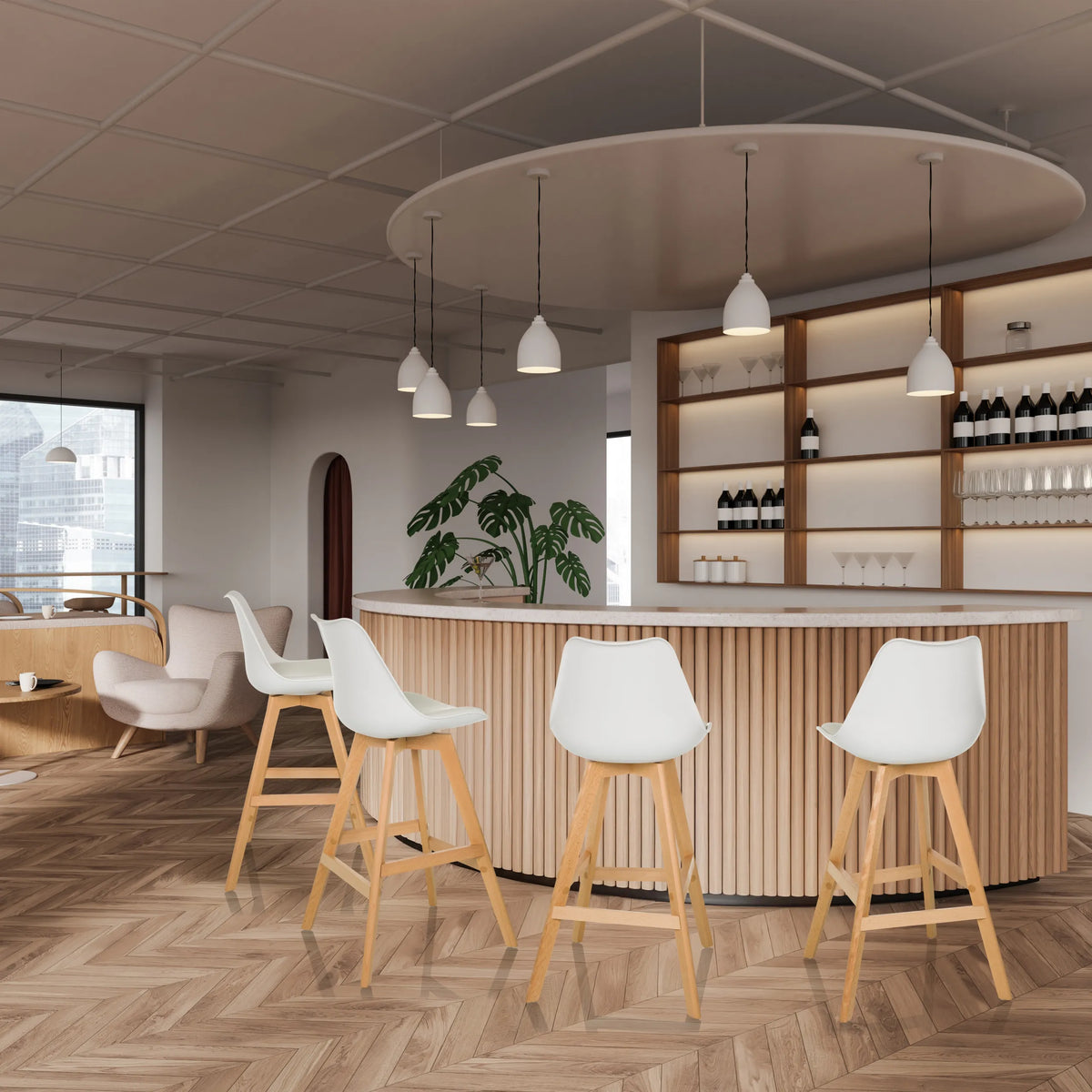 Four white SCANDI HIGH bar stools with light wood legs at a counter by hjh LIVING