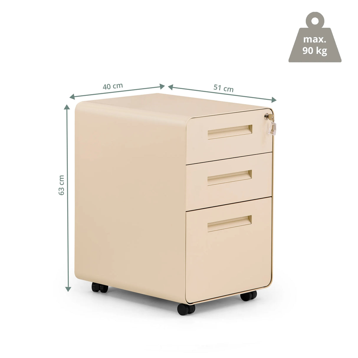 Dimensional drawing of the Mobile Drawer Unit COLOR PLUS I, 51 × 40 cm, maximum load capacity 90 kg, by hjh OFFICE