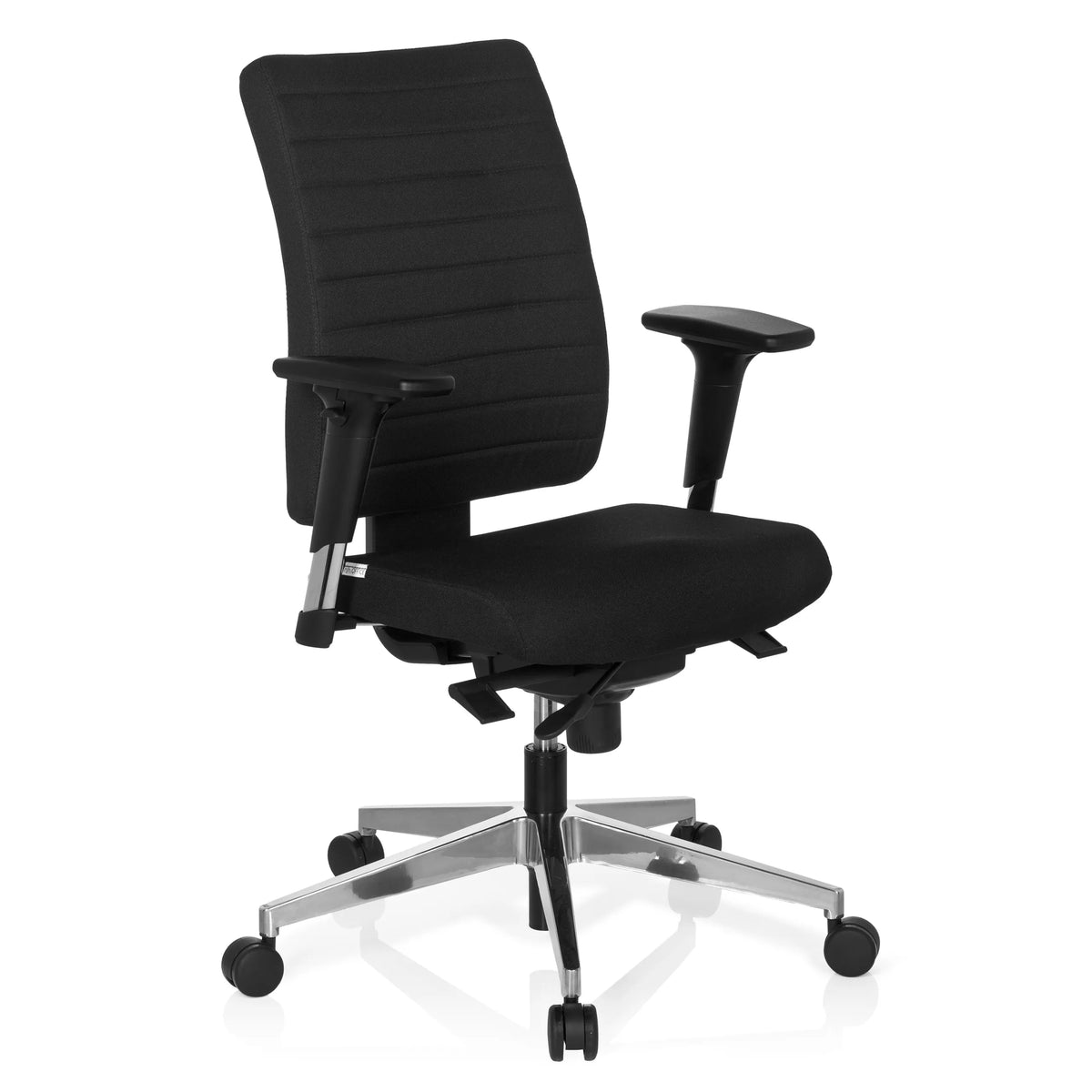 Black Professional Office Chair PRO-TEC 350 with armrests and silver five-caster base by hjh OFFICE – 360-degree view (front three-quarter view 40°)