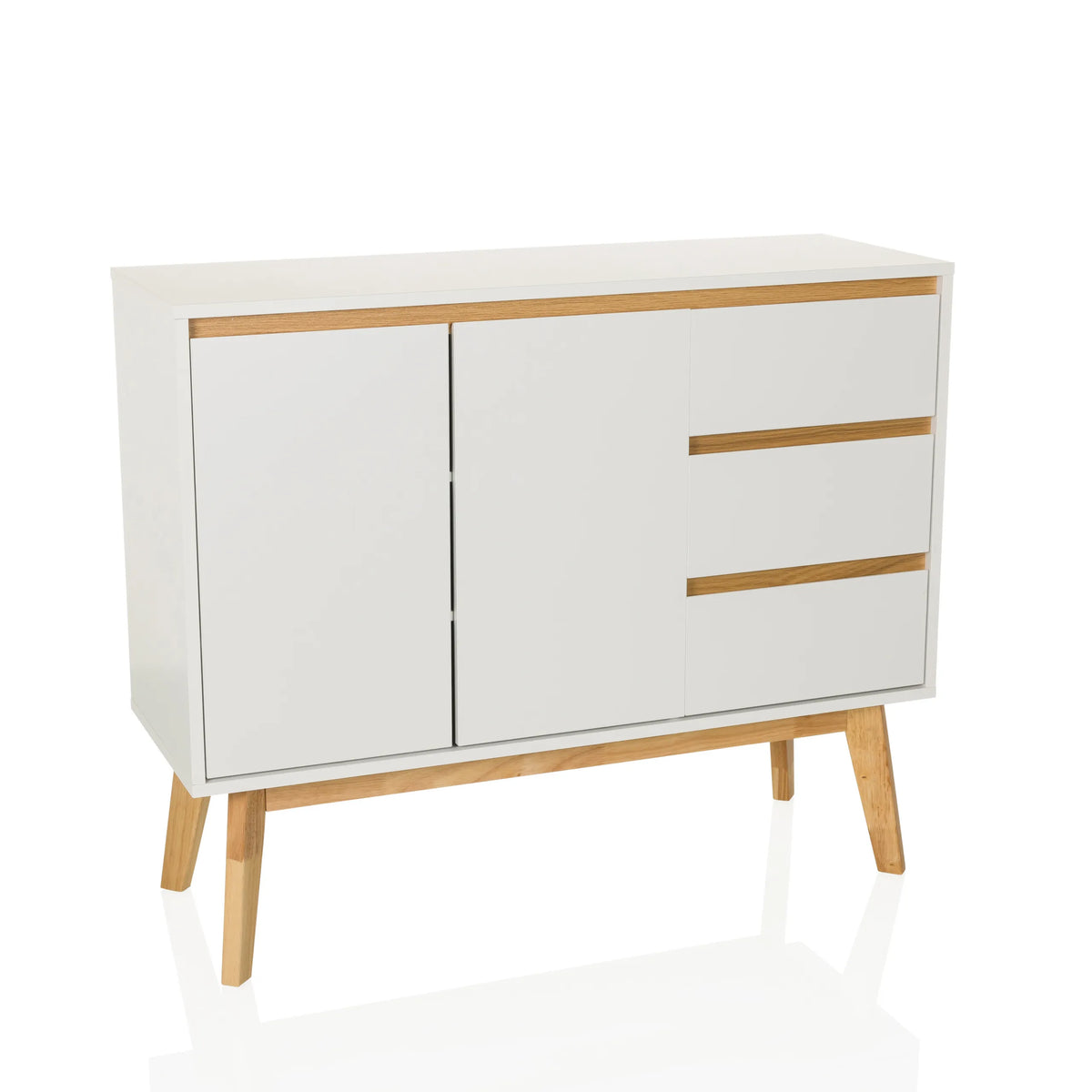 White Sideboard TAROLO I with three drawers, two doors and wooden legs by hjh LIVING – 360-degree view (front view 15°)