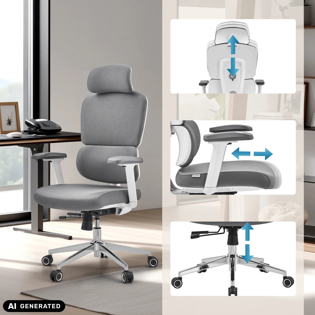 Height-adjustable headrest, armrests and gas spring of the Professional Office Chair Ergomy WF 2 by hjh OFFICE (AI-generated image)