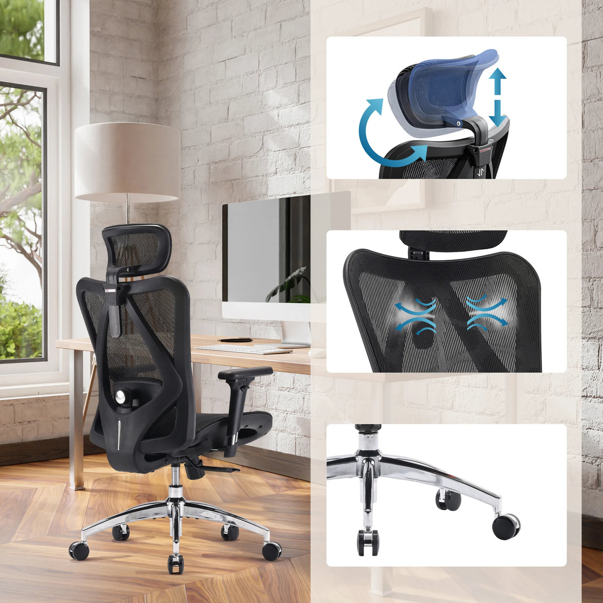 Black Professional Office Chair M57-M015 with adjustable headrest, mesh back and star base by Sihoo