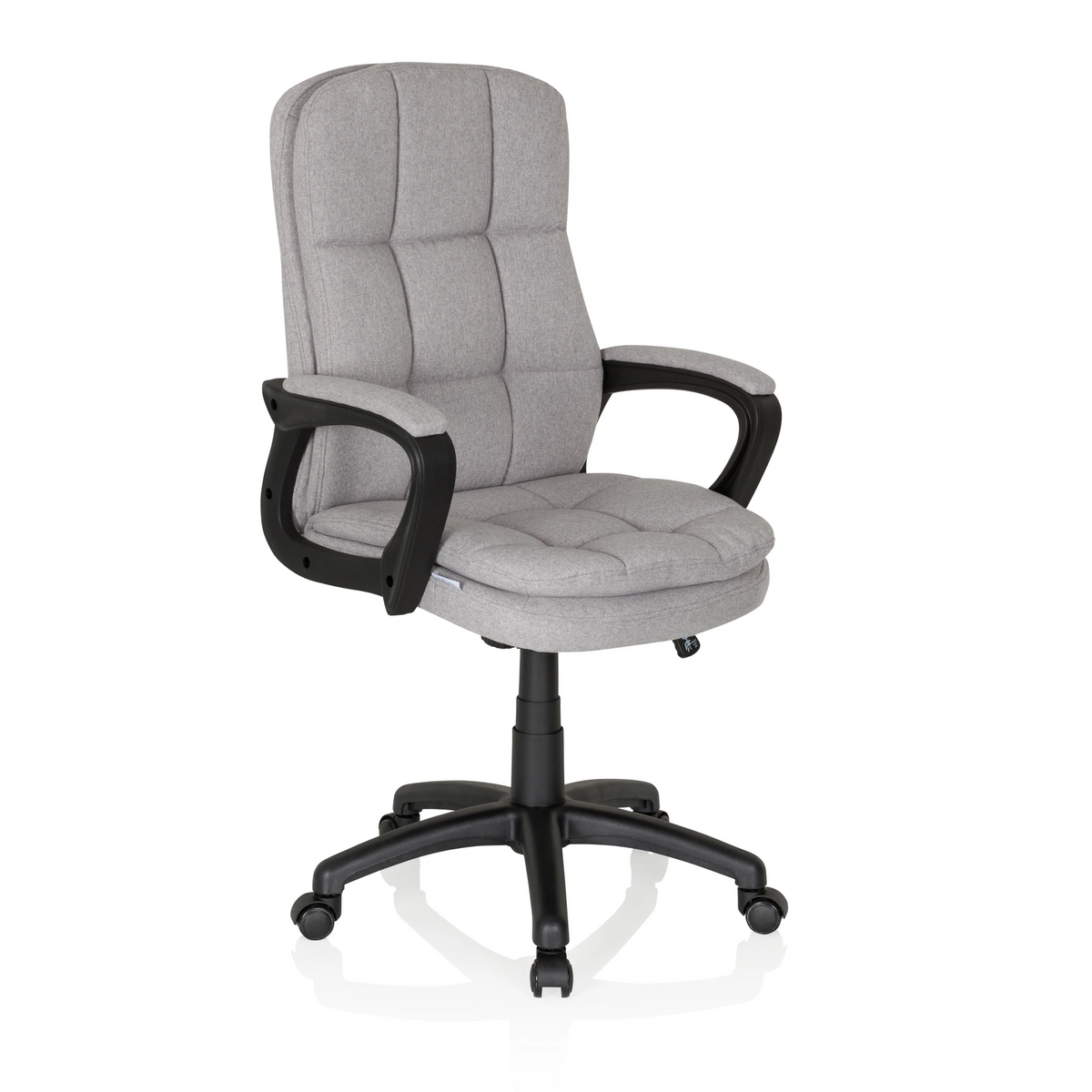 Grauer Home-Office-Chefsessel RELAX CX 120 mit gestepptem Bezug und Fußkreuz mit fünf Rollen von MyBuero – 360-Grad-Ansicht (schräge Frontansicht 40°)