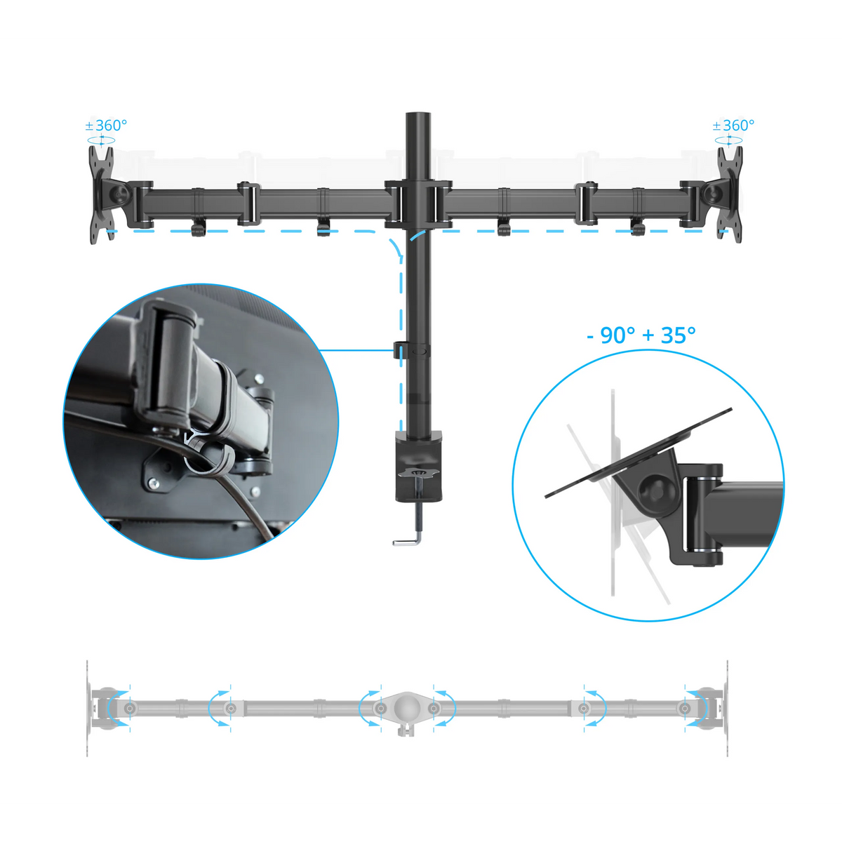 Adjustment options of the VM-MF2 monitor mount with 360° rotation and tilt from -90° to +35° by hjh OFFICE
