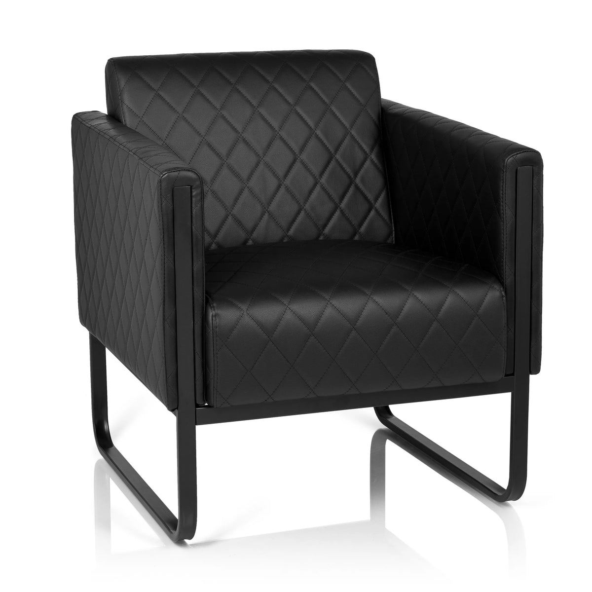 Black upholstered armchair ARUBA BLACK with diamond stitching and sled base by hjh OFFICE – 360-degree view (front view 20°)