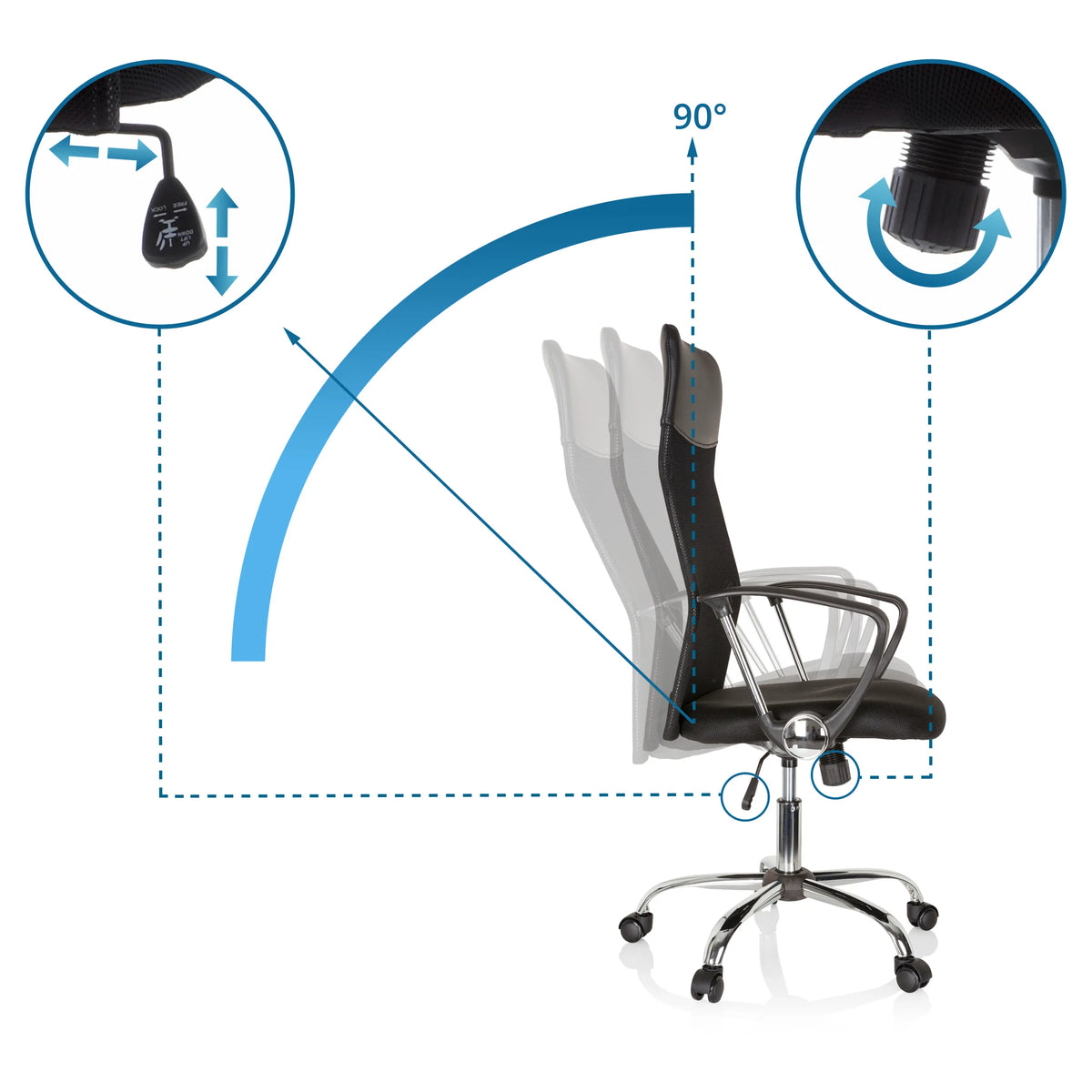 Backrest adjustment mechanism with 90° tilt angle on the ARIA HIGH Home Office Executive Chair by hjh OFFICE