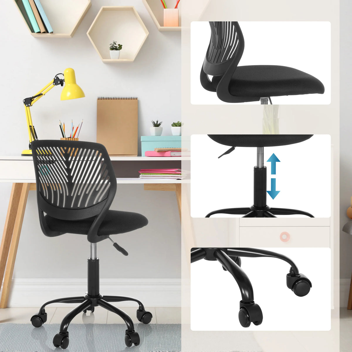 Children's swivel chair KID QB in black with height-adjustable gas spring and castors for the home office by hjh OFFICE