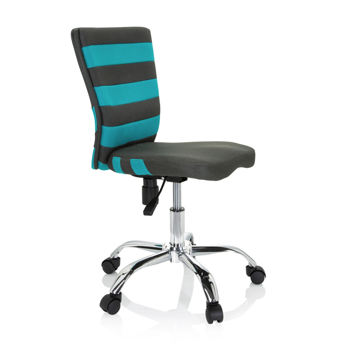 Grey KIDDY COMFORT I swivel chair for children with turquoise stripes in the mesh back and a five-caster base by hjh OFFICE – 360-degree view (front three-quarter view 60°)