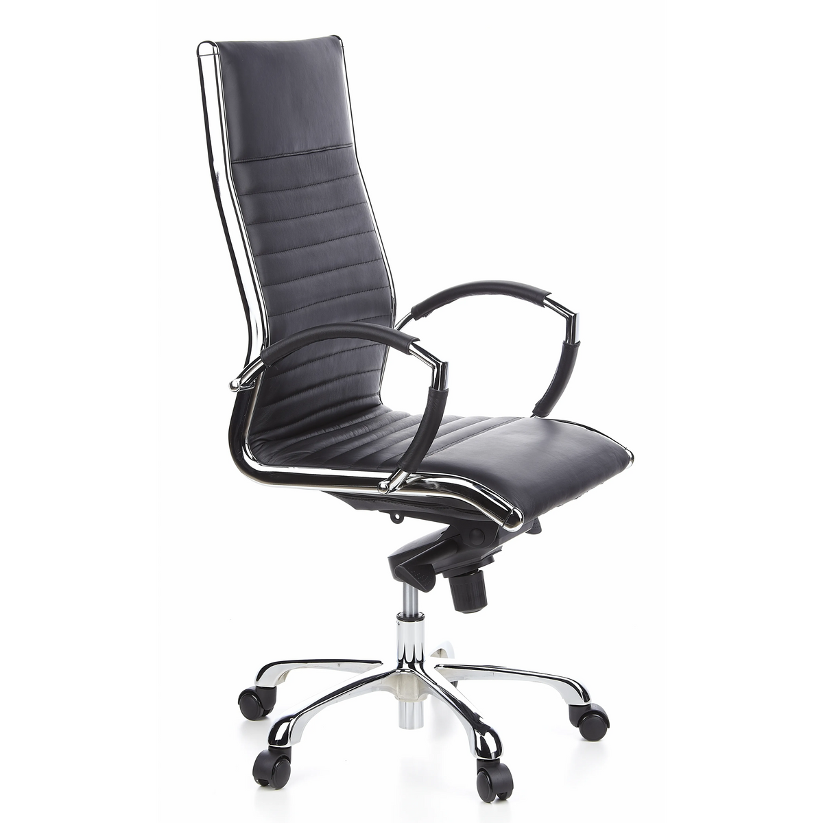 Black Professional Executive Chair PARMA 20 with quilted leather upholstery and five-caster base by hjh OFFICE – 360-degree view (front three-quarter view 60°)