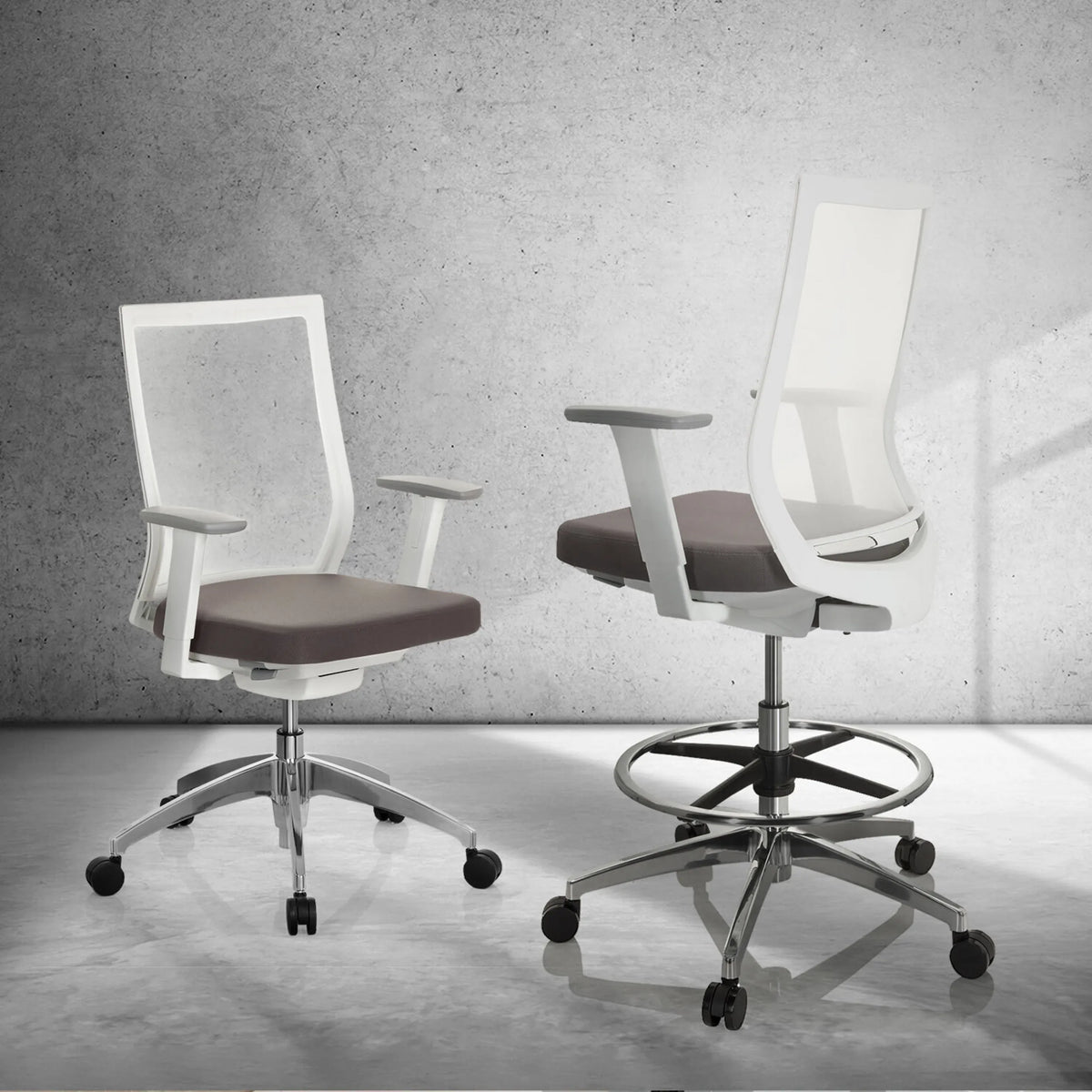 Two grey Counter chairs ASPEN WORK W with white frames, armrests and footrests by hjh OFFICE