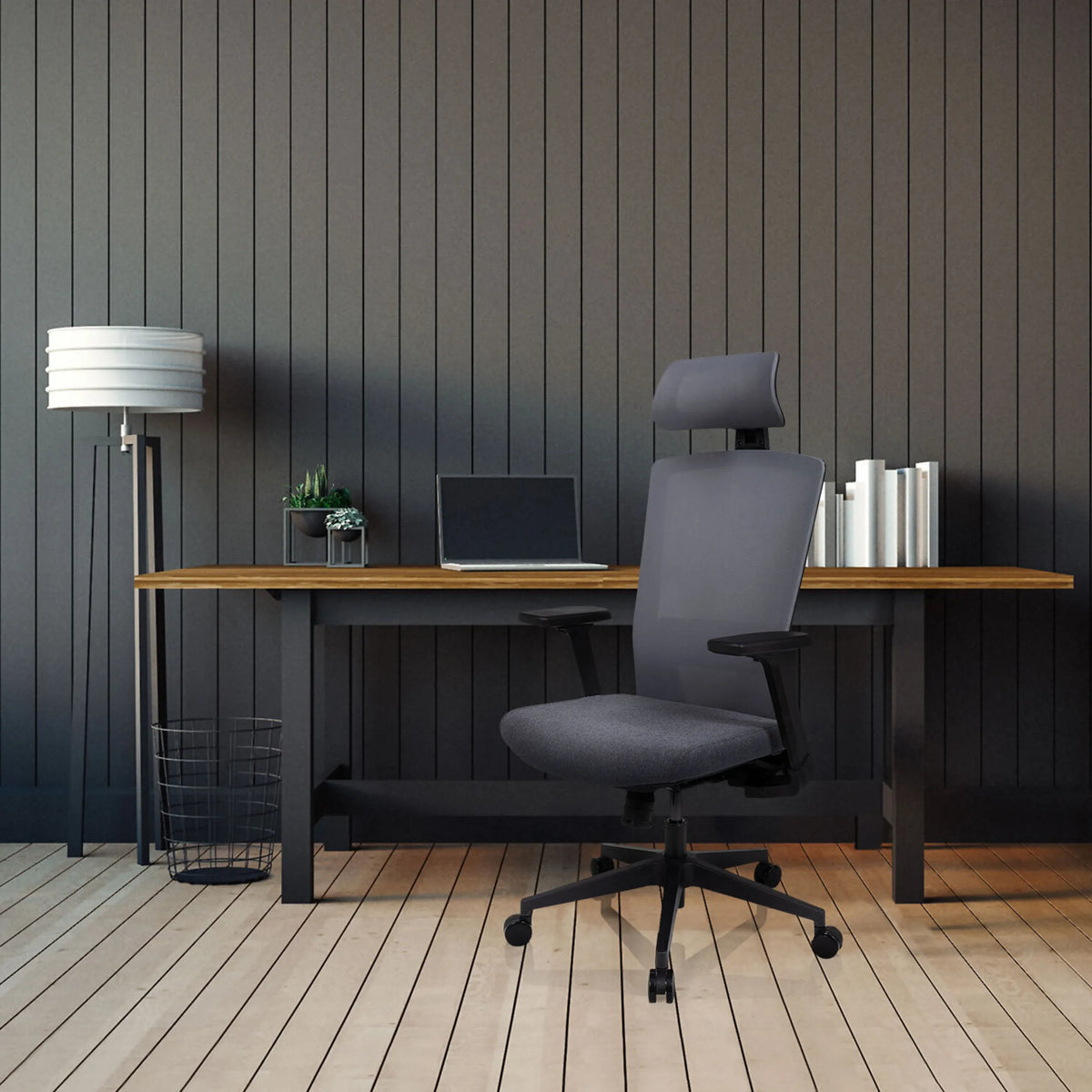 Grey Professional Office Chair CAPTIVO with headrest and armrests at a desk by hjh OFFICE