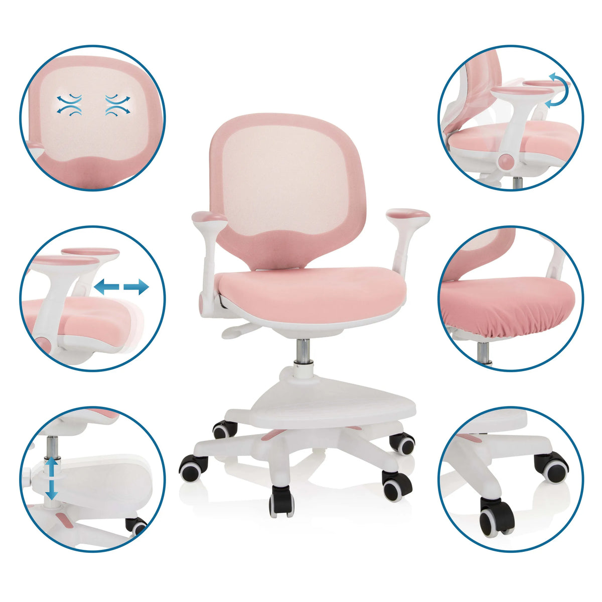 Pink children's chair KID ERGO with detailed views of the adjustable armrests, seat height and castors by hjh OFFICE