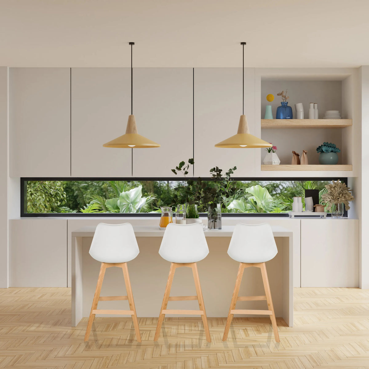 Three white SCANDI HIGH bar stools with light wood legs at a kitchen island by hjh LIVING