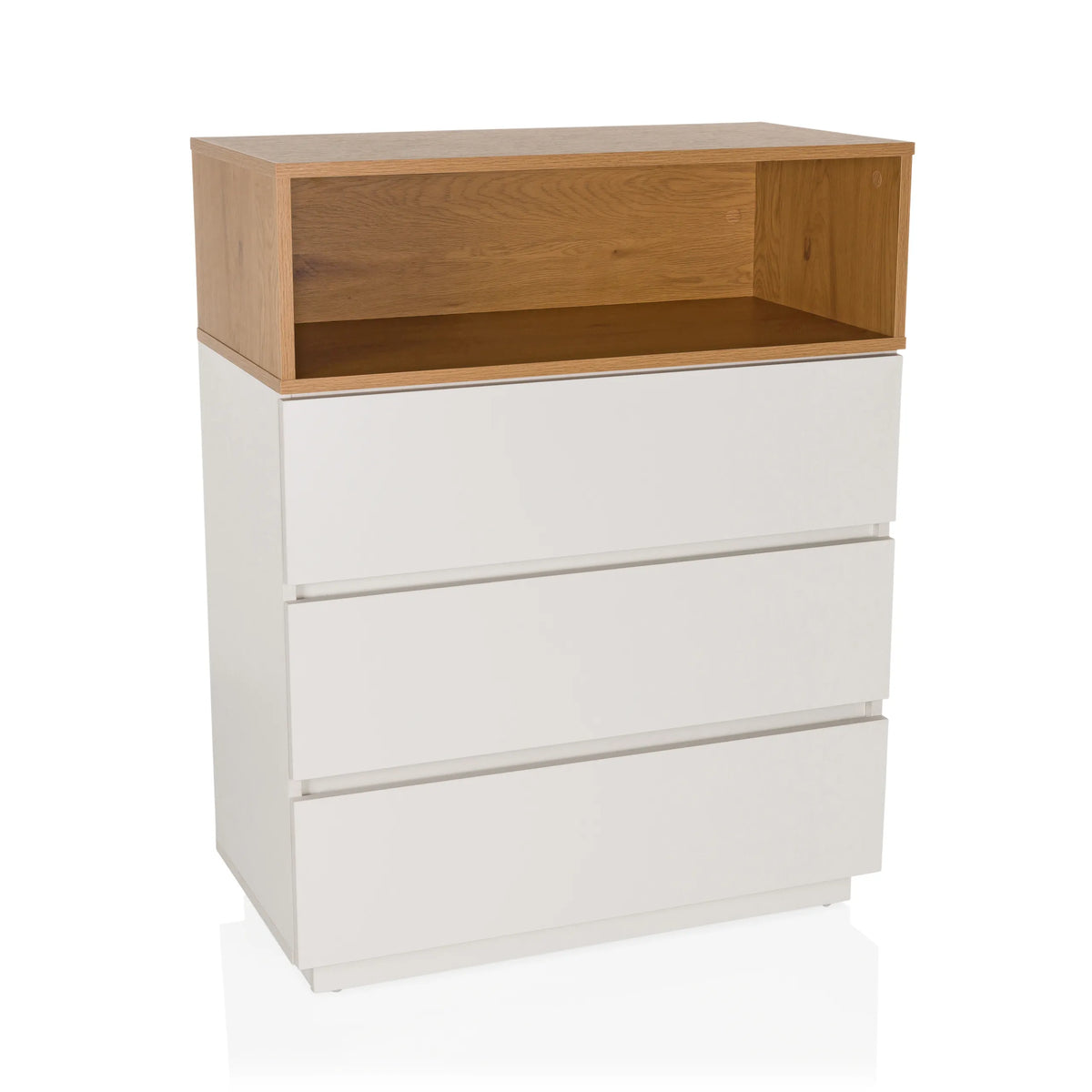 White chest of drawers MELMO K with three drawers and an open storage compartment in oak look by hjh LIVING – 360-degree view (front view 15°)