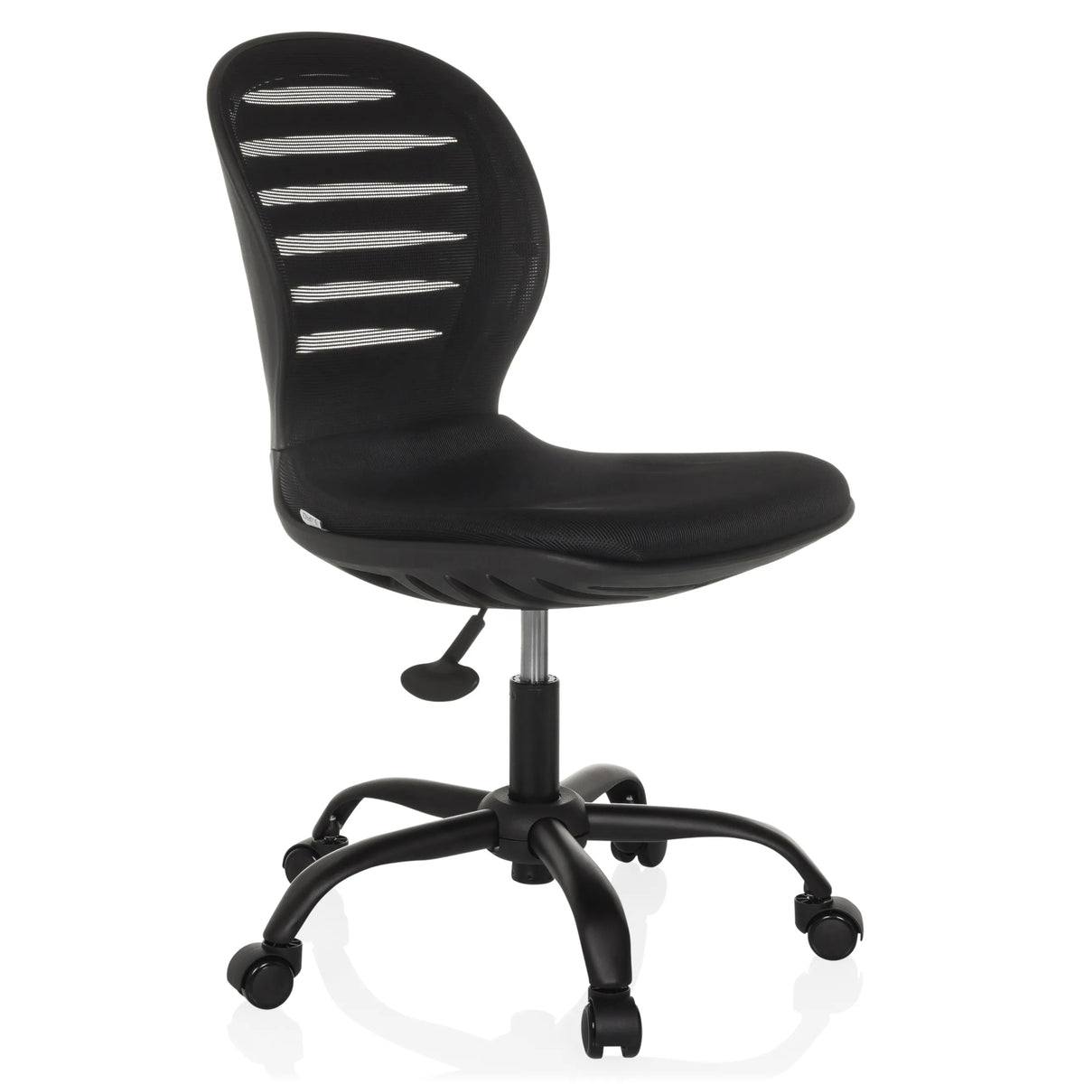 Black Home Office Chair CASLA with mesh back and five-caster base by hjh OFFICE – 360-degree view (front three-quarter view 45°)