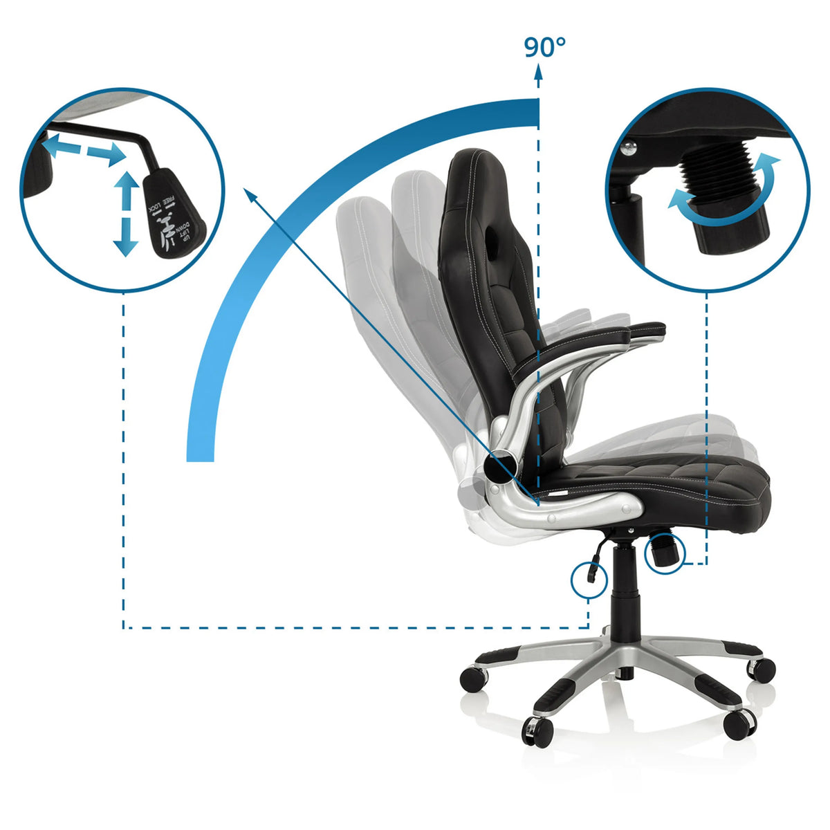 Adjustable backrest up to 90 degrees and control lever of the Gaming chair GAME SPORT by hjh OFFICE