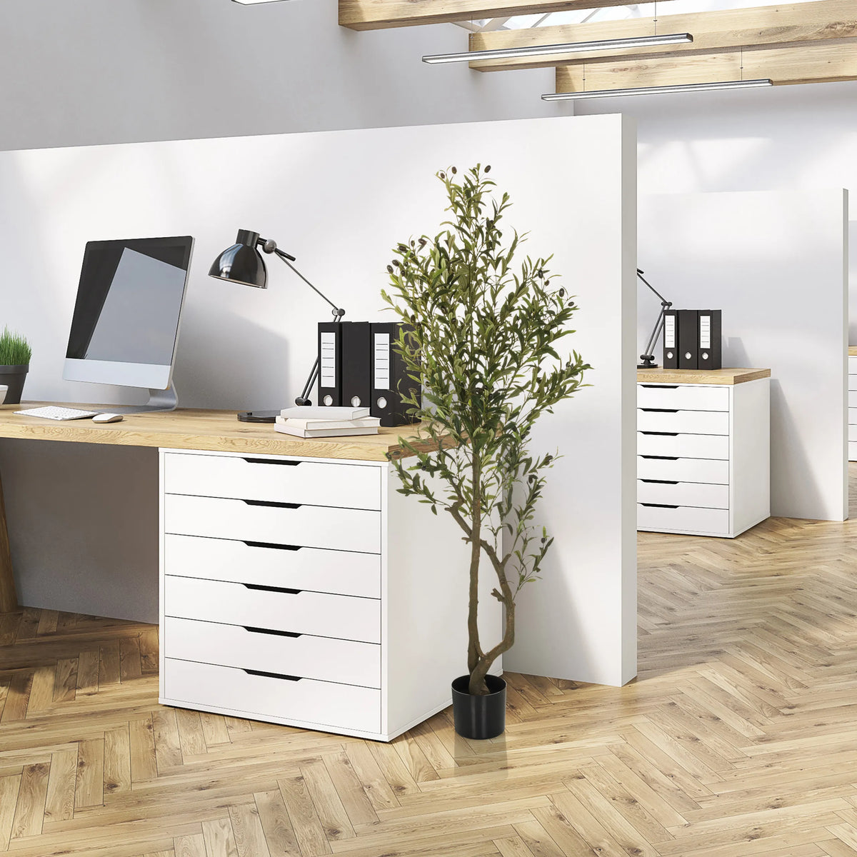Green Artificial plant OLIVE I in a black pot next to a desk by hjh OFFICE