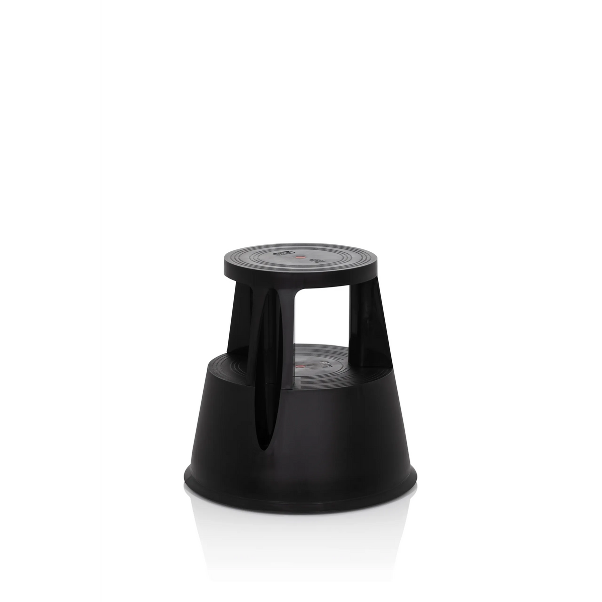 Black Step stool TIO-M I with round step surface and conical base by hjh OFFICE – 360-degree view (front three-quarter view 40°)