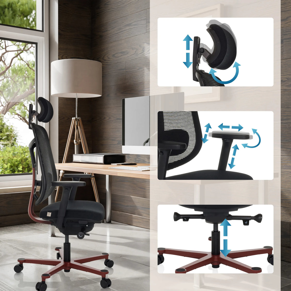 Adjustable headrest, armrests and seat height of the High End Office Chair BICOLORE HIGH by hjh OFFICE