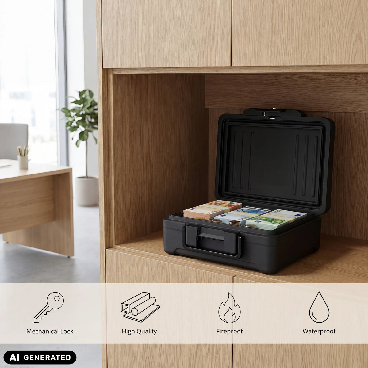 Open black Safe Compact Slim with bundles of money on a wooden shelf by hjh OFFICE (AI-generated image)