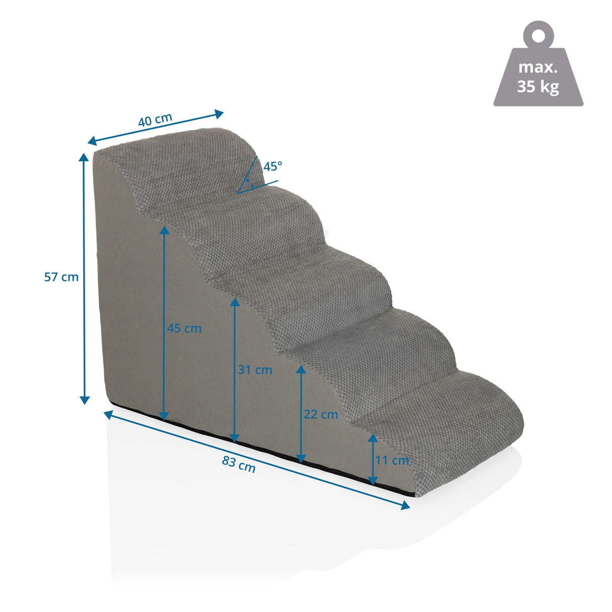 Dimensional drawing of the Pet stairs PAWY STEP 5, 83 x 57 cm, load capacity 35 kg by hjh LIVING