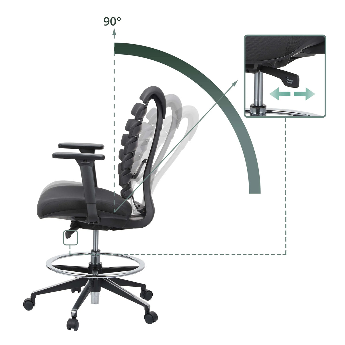 Tilt mechanism with 90° adjustment and control lever of the ERGO LINE II WORK counter chair by hjh OFFICE