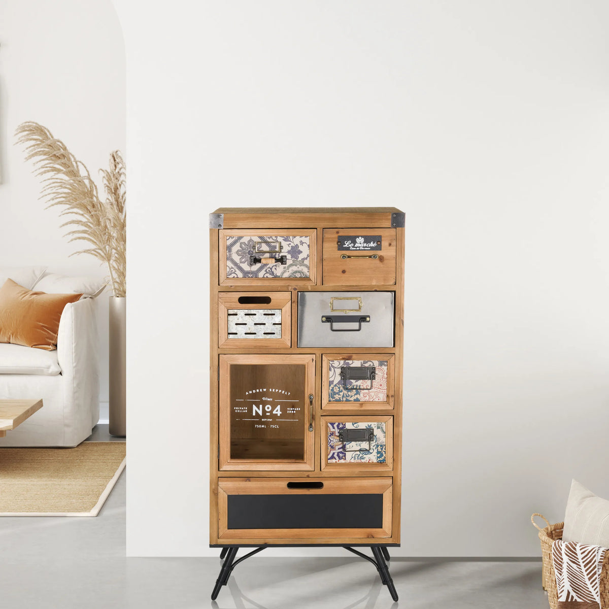 CONTINENTO S sideboard made of dark-toned wood with various drawers and metal feet by hjh LIVING