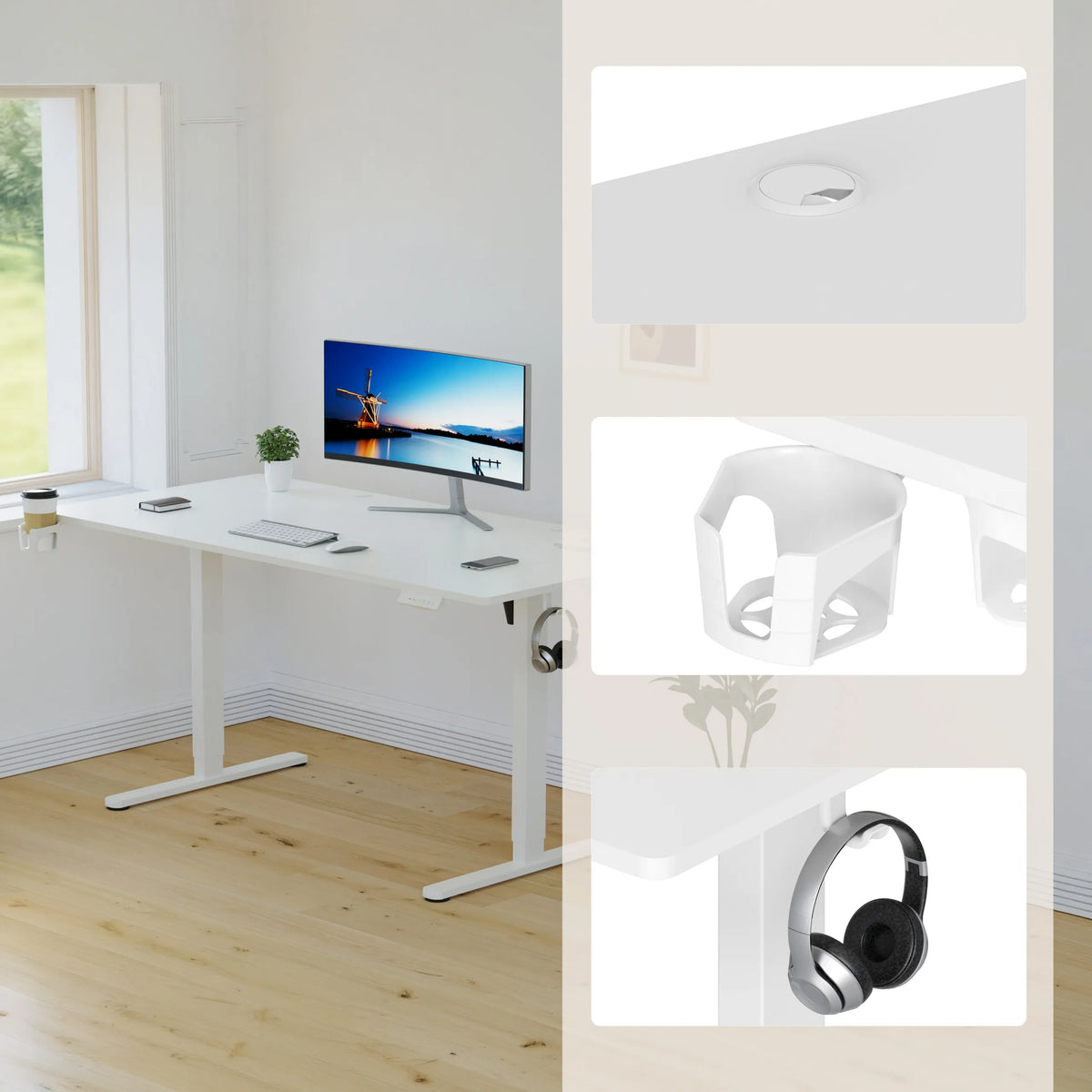 Cable outlet, cup holder and headphone holder on the Worktime desk in white by hjh OFFICE