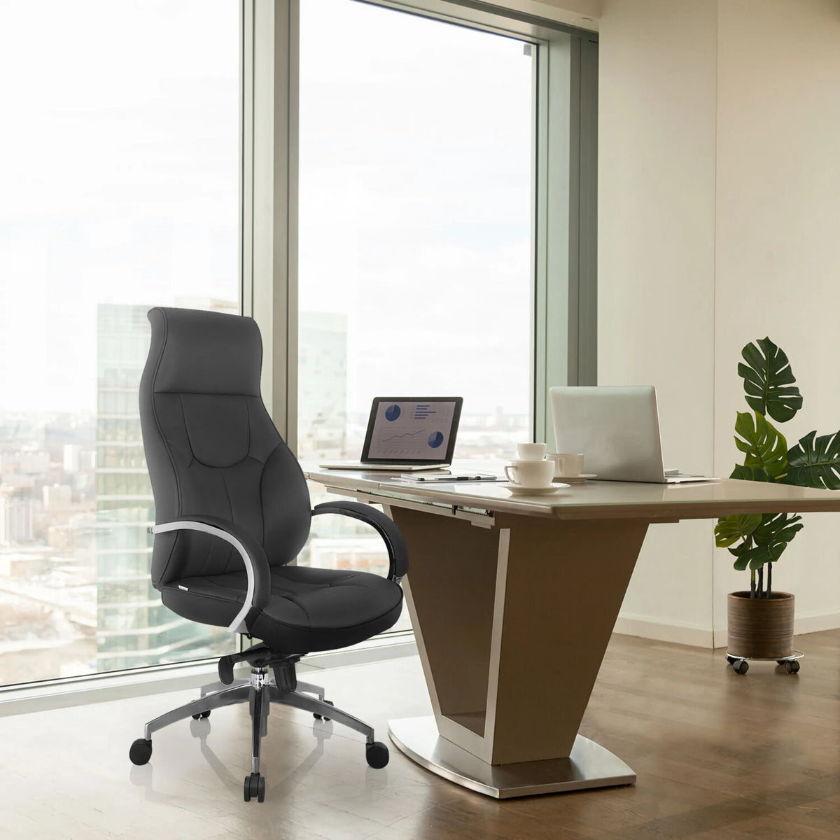 Grey Professional Executive Chair ELEGANCE I with high backrest and armrests at a desk by hjh OFFICE