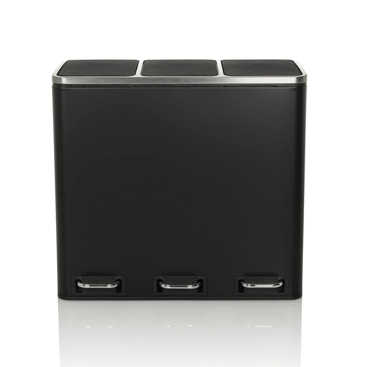Black wastepaper Clean 9 with three compartments, silver lids and foot pedals by hjh OFFICE – 360-degree view (front view 0°)