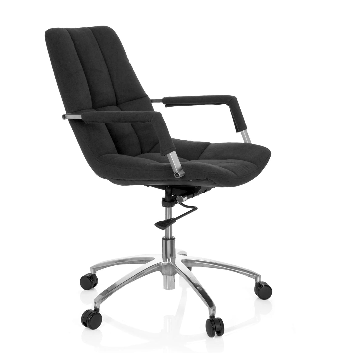 Black Home Office Chair SARANTO with fabric upholstery and five-caster base by hjh OFFICE – 360-degree view (front three-quarter view 60°)