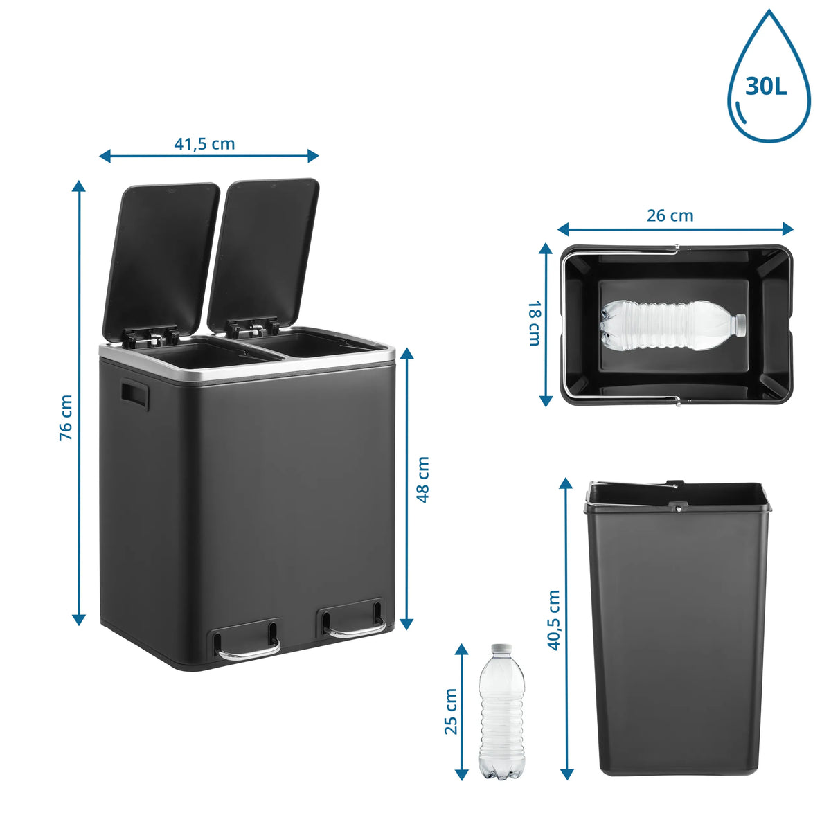 Dimensional drawing of the Wastepaper Clean 9 with 76 cm height and 30 l volume by hjh OFFICE
