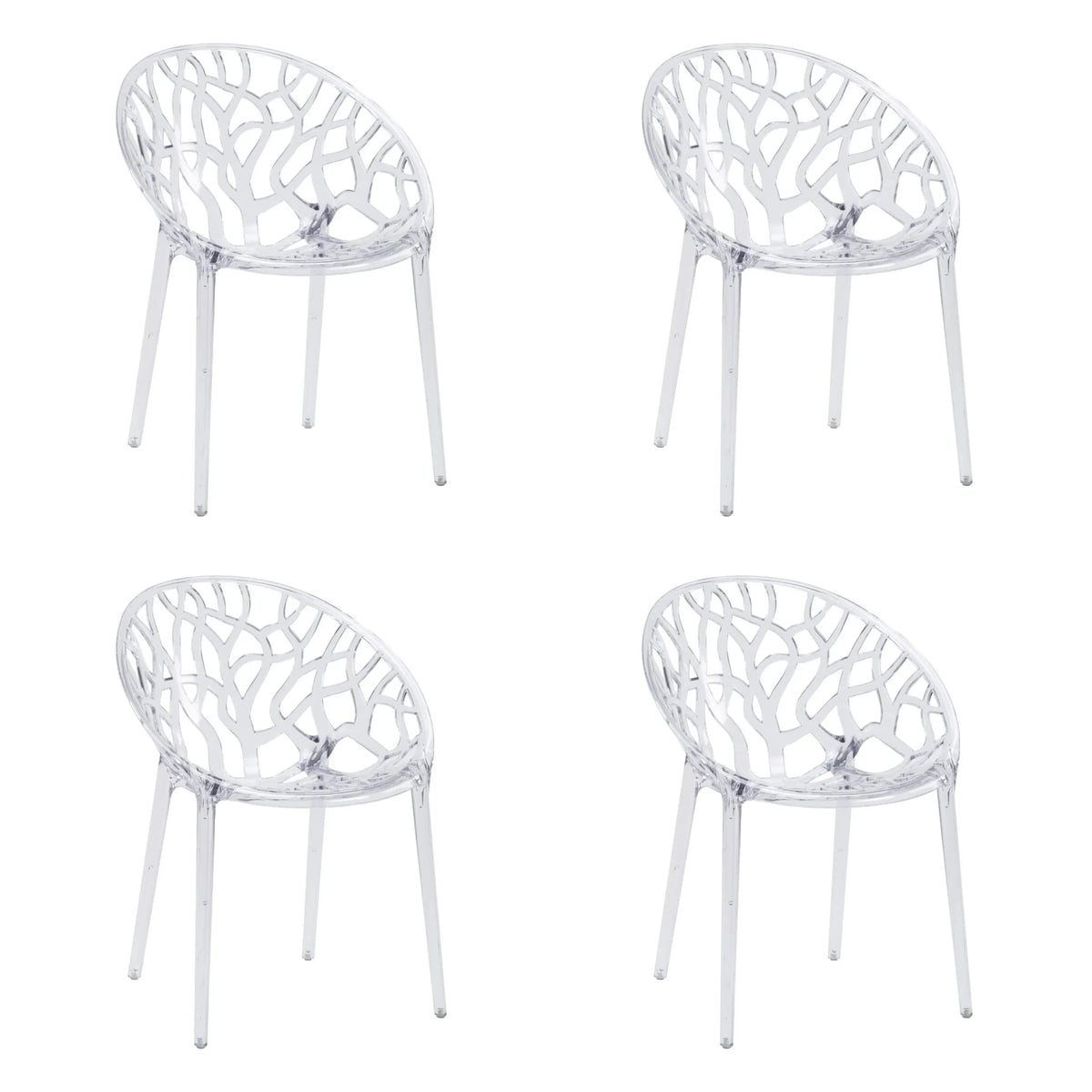 Four transparent four-legged chairs Artifo T with organically perforated backrests by hjh LIVING