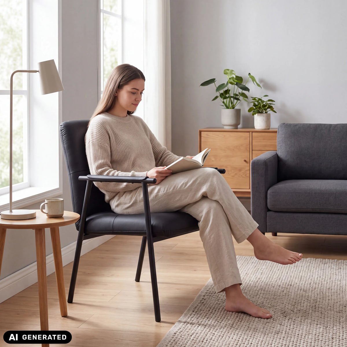 Black upholstered chair Lifea Flex made of faux leather with armrests by hjh LIVING (AI-generated image)