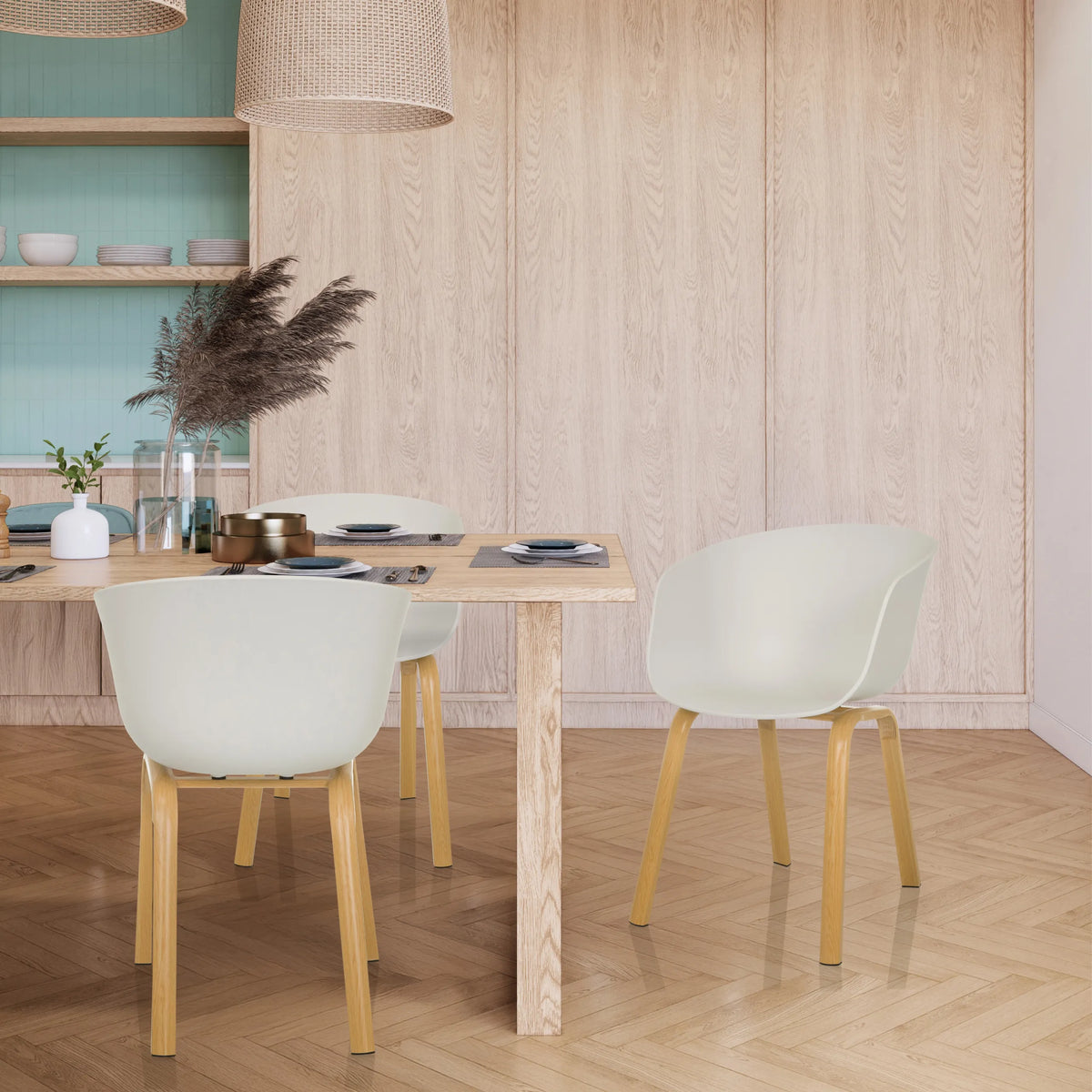 White Shell chairs OSLO W with light wood legs at a dining table by hjh LIVING