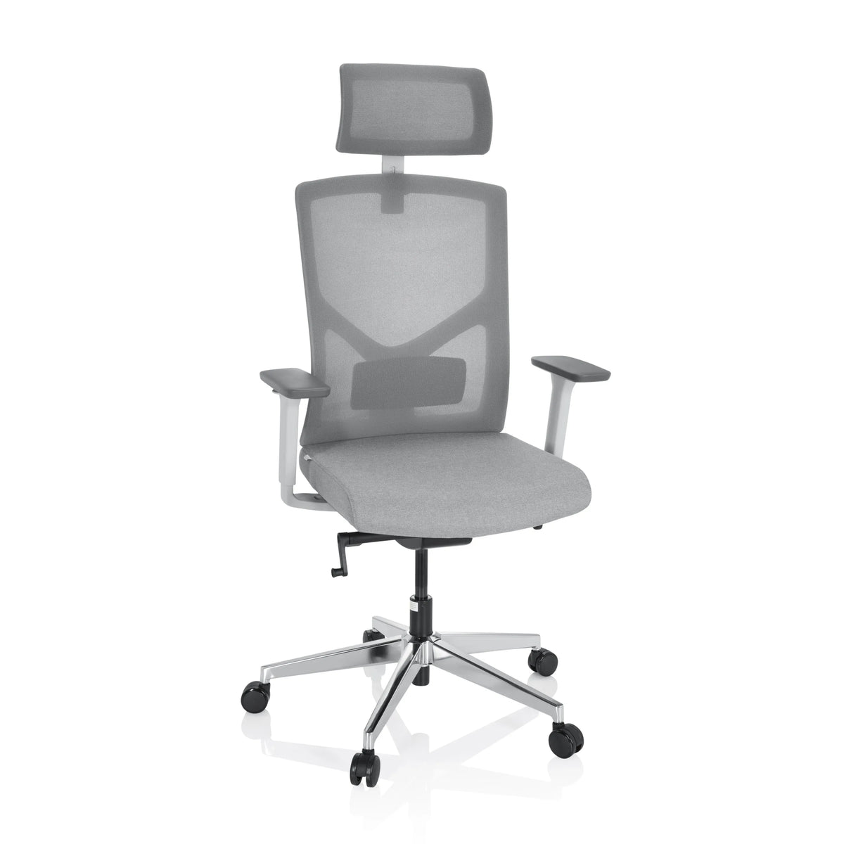 Grey Professional Office Chair BRETON PRO W with mesh back, headrest and five-caster base by hjh OFFICE – 360-degree view (front view 20°)