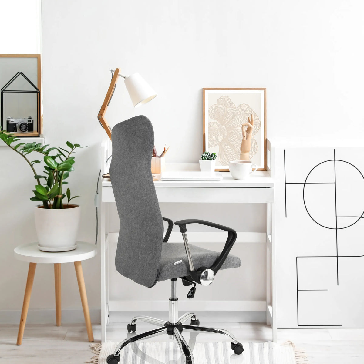 Grey ARTON 40 Home Office Chair with armrests and castors at a white desk by hjh OFFICE