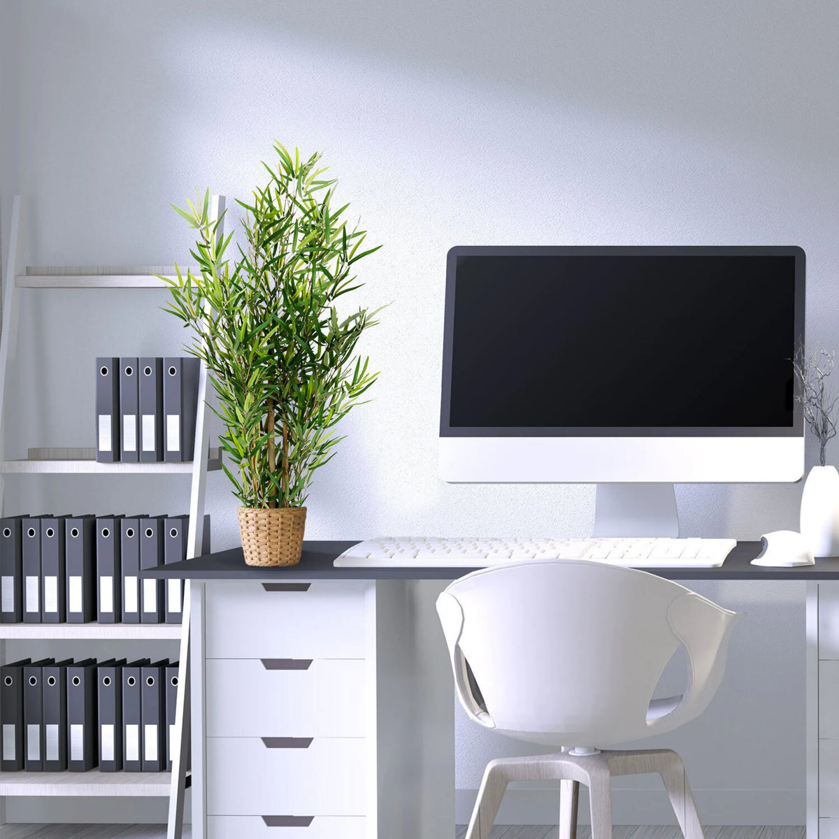 Artificial plant MINI BAMBUS in green with a woven basket pot by hjh OFFICE