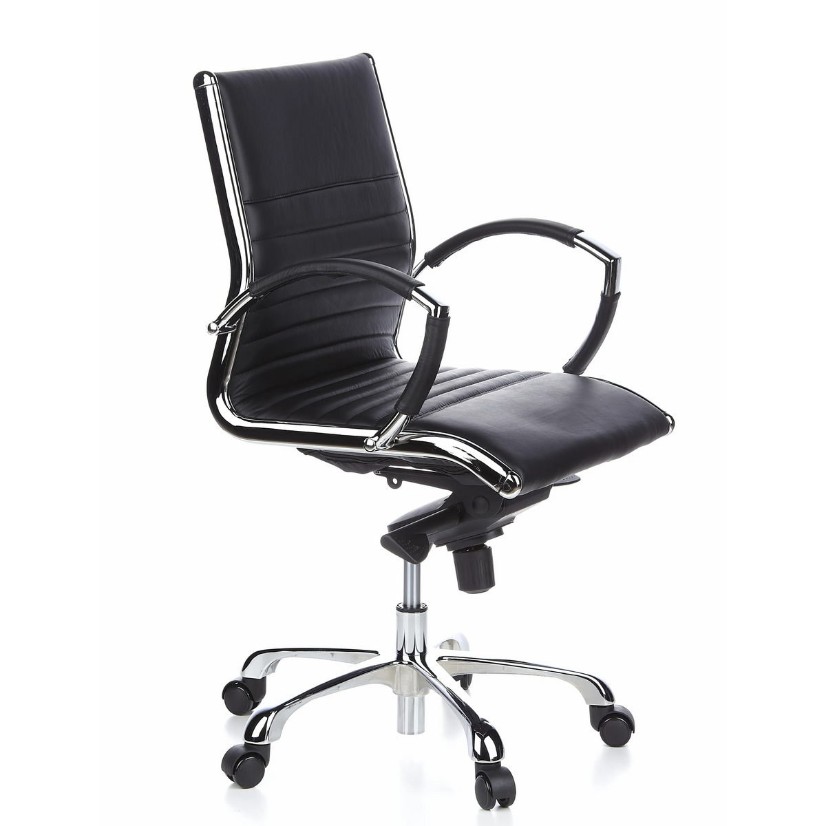 Black Professional Executive Chair PARMA 10 with cross stitching and glossy five-caster base by hjh OFFICE – 360-degree view (front three-quarter view 60°)