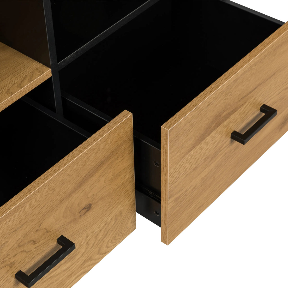 Open drawers with black handles of the AMIO H office cabinet in black and oak by hjh LIVING