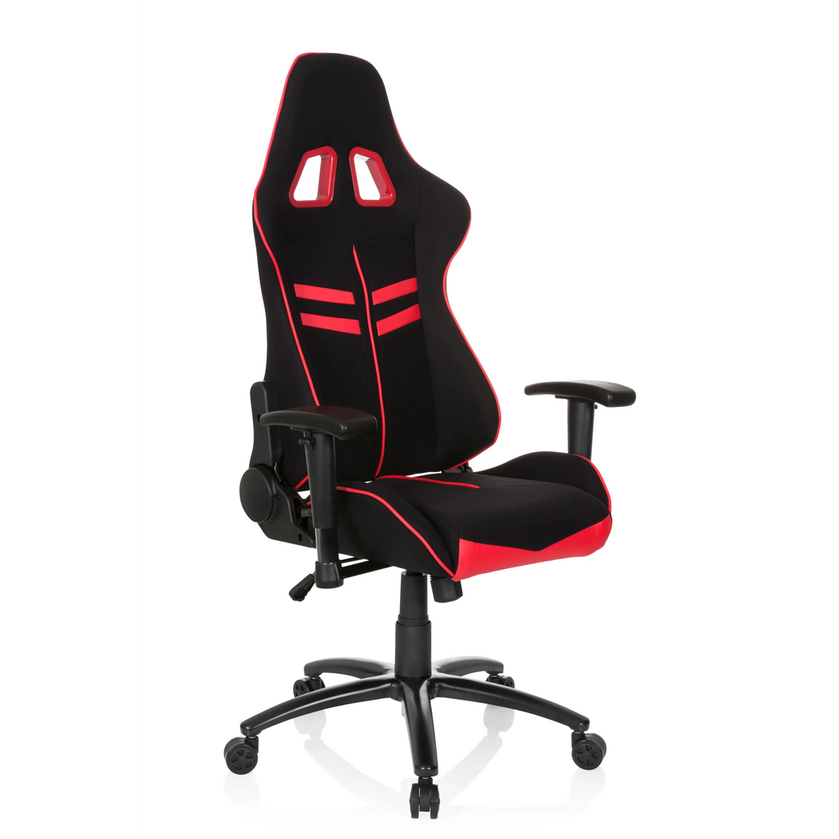 Black and red Gaming chair LEAGUE PRO I with two headrest openings and five-caster base by hjh OFFICE – 360-degree view (front three-quarter view 40°)